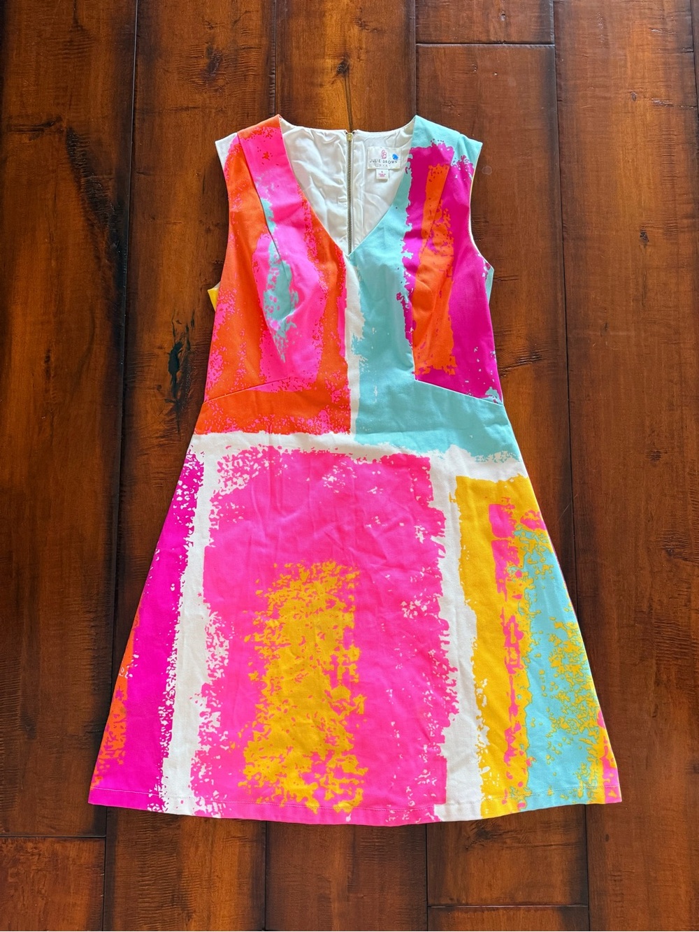JB by Julie Brown Vibrant Pink, Aqua & Yellow Colorblock A-Line Dress